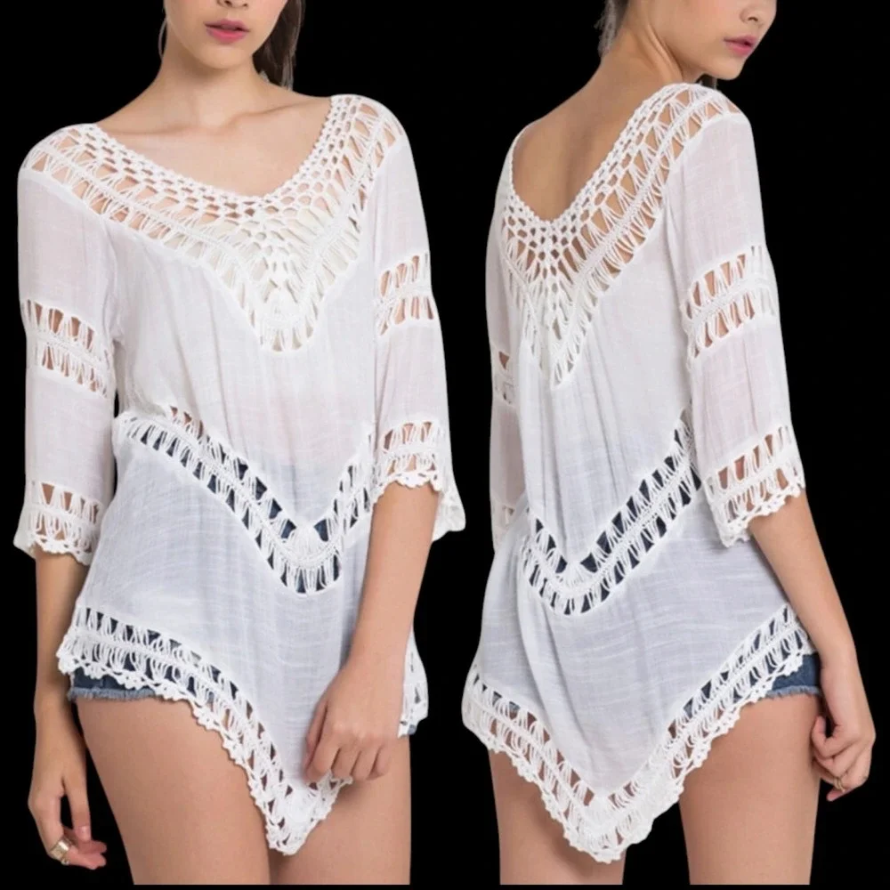 Ivory Crochet‎ Lace Tunic NWT Size S V Neck Boho Beach Cover Up Sharkbite Hem